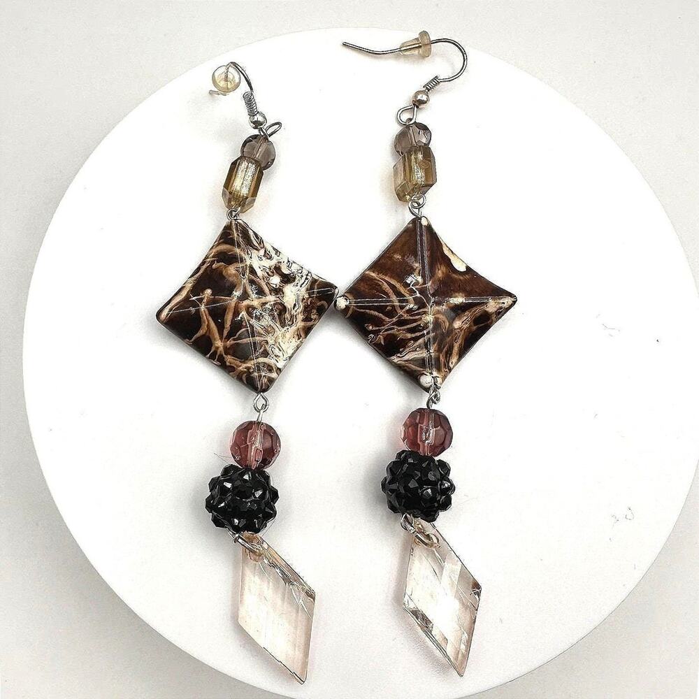 Vintage 90s Geometric Brown Black Crystal Dangle Drop Earring Hook Woman Jewelry